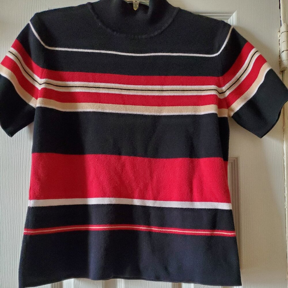 Style & Co Women's Striped Mock Neck Short Sleeve Sweater